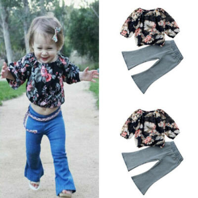 

2019 Fashion Baby Girl Outfits Sets Flower Vintage T-ShirtLong Jeans Pants