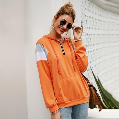

Women Loose Hoodies Hooded Sweatshirt Drawstring Splicing Pocket Front Autumn Spring Pullovers Casual Tops Outwear