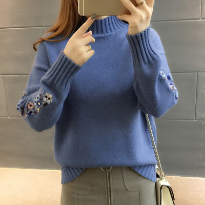 

Tailored Autumn Winter Sweater Women Embroidery Pullover Turtleneck knitting Basic Tops