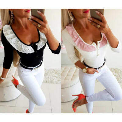 

US Women Lace Button V Neck Long Sleeve T-Shirt Slim Fit Casual Shirt Blouse Top