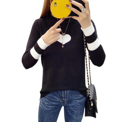 

Women Contrast Color Long-Sleeves Love Print Knitted Round Neck Slim Tops