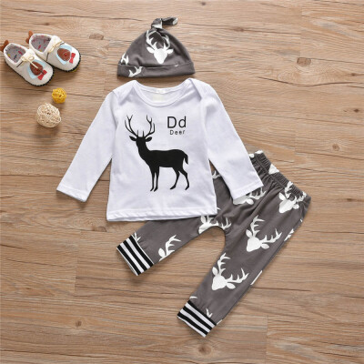 

3PC Newborn Infant Baby Deer Letter Print Tops Pants Hat Clothes Set