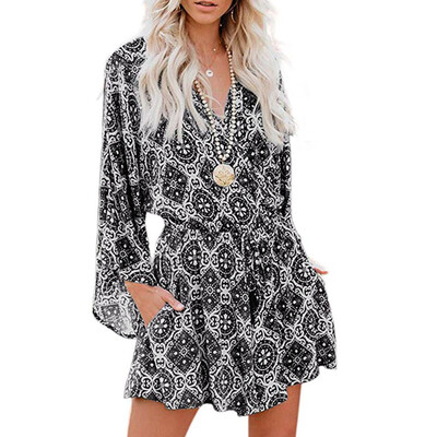

Starmoon Womens Flare Sleeve V-Neck Print Beach Casual With Pockets Jumpsuit Rompers