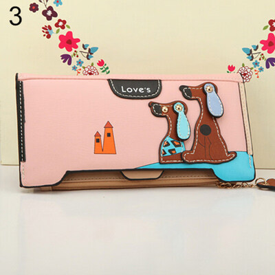 

Women Long Faux Leather Dog Pendent Wallet Double Zip Hasp Purse Card Holder Bag