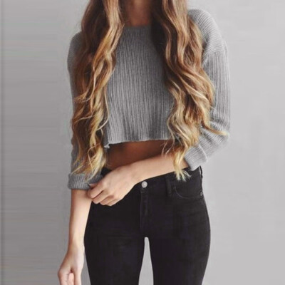 

Nomeni Women Long Sleeve Crop Tops Shirt Sexy Ronud Neck Blouse T-Shirt
