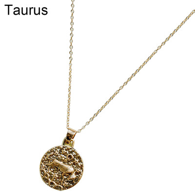 

Vintage Unisex 12 Constellation Zodiac Embossed Pendant Chain Necklace Jewelry