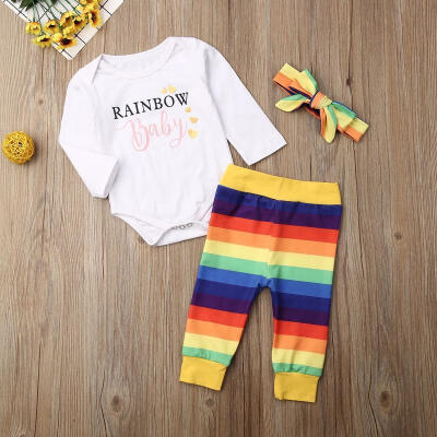 

Rainbow 3PCS Infant Baby Girl Outfits White Cotton Long Sleeve Bodysuits Tops Colored Striped Pants Headband 0-24 Months