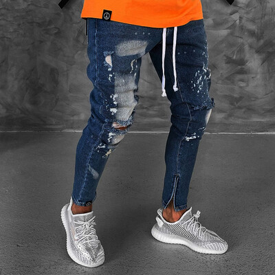

Gobestart Mens Causal Pencil Pants Zipper Slim Fit Shredded Denim Long Jeans Trousers