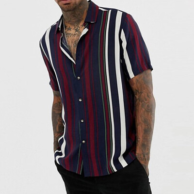 

Toponeto Men Short Sleeve Multicolor Irregular Stripe Button-down T-Shirt Men Blouse