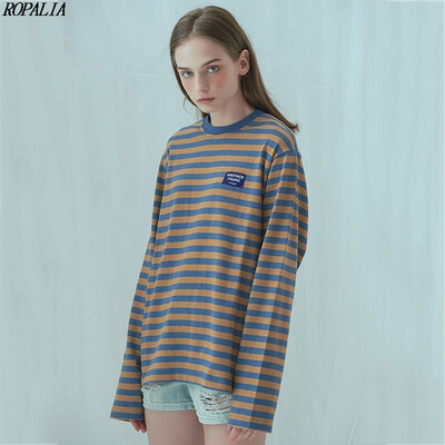 

Womens Casual O Neck Striped Long Sleeve Loose T-Shirt Korean Style Color Block Cotton T-Shirts