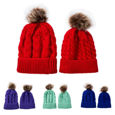 

Mother Baby Kids Matching Knitting Wool Pom Bobble Hat Winter Warm Beanie Cap