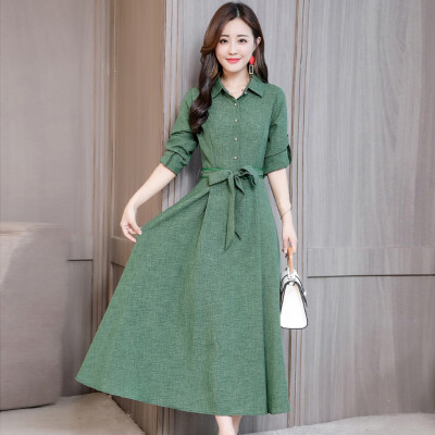 

Tailored Women Elegant Solid Long Sleeve Belt High-Waist Long Boho Dress Button Dress