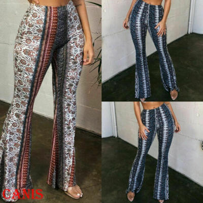 

Womens Boho Hippie High Waist Printed Wide Leg Long Flared Bell Bottom Pants New