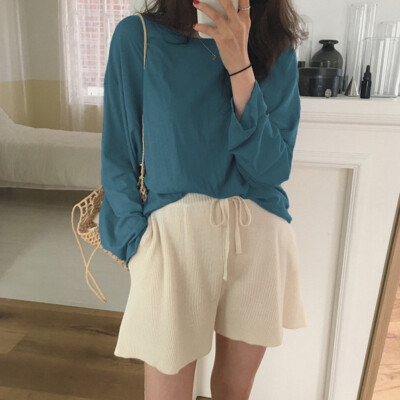 

Autumn Winter New Casual Loose Multicolor Solid Color T-shirt Long-Sleeved Clothes Women