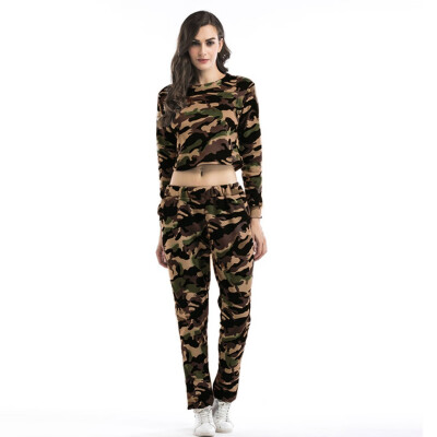 

Toponeto Womens Camouflage Sports O-Neck Short Sweater Trousers Womens Suit