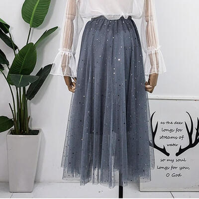 

Women Fairy Temperament High Waist Long Paragraph Stars Moon Decor Half-Length Mesh Elegant Skirt
