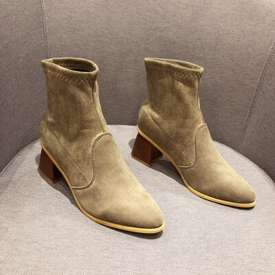 

Elastic boots women fallwinter thick-heeled short boots side zipper slimming bare boots high-heeled Martins single boots