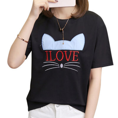 

EFINNY Summer New Cute Cat Embroidered Simple All Match Short Sleeve Female T-shirts  L XL XXL