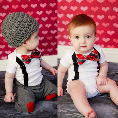 

Cute Baby Boy Bow Tie Bodysuit Suspenders 2pcs Outfit Set Clothes Photo Props