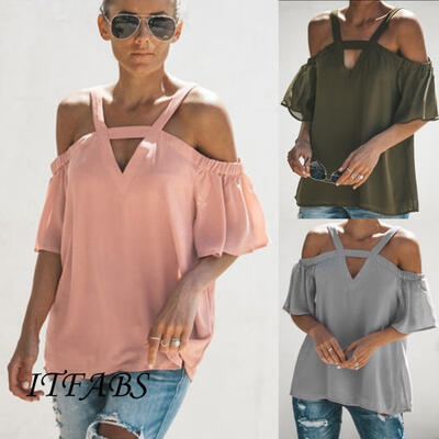 

Women Fashion Short Sleeve Loose Blouse Casual Summer Sling Chiffon Tops T-Shirt