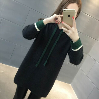 

Medium&long loose hooded knitted winter 2018 womens wear new woollen sweater Korean version of the pure color sweater coat