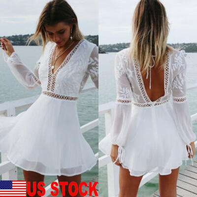 

US Women Boho Backless V Neck Dress Evening Cocktail Party Summer Beach Sundress