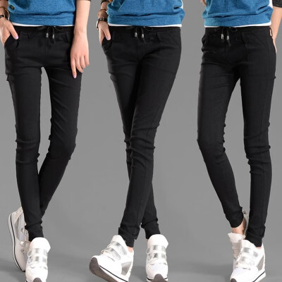 

New Fashion Women Casual Pants Elastic Waist Drawstring Slim Pencil Pants Trousers BlackWhite