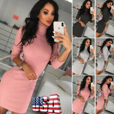 

US Womens Long Sleeve Turtleneck Bodycon Knitted Sweater Dress Ribbed Mini Dress