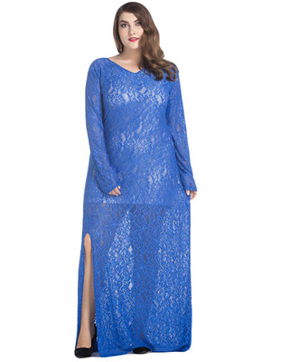 

Women Plus Size Lace Maxi Dress V-Neck Full Sleeve Lined Evening Party Solid Long Dress