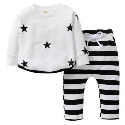 

Unisex Baby Thicken Clothes Long Sleeve Star Print T-Shirt Drawstring Striped Long Pants Outfits 2 Piece Homewear Playwear