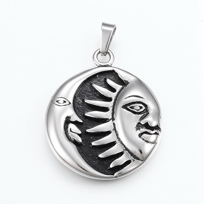 

304 Stainless Steel Pendants Flat Round with Moon&Sun Antique Silver 355x30x45mm Hole 4x7mm