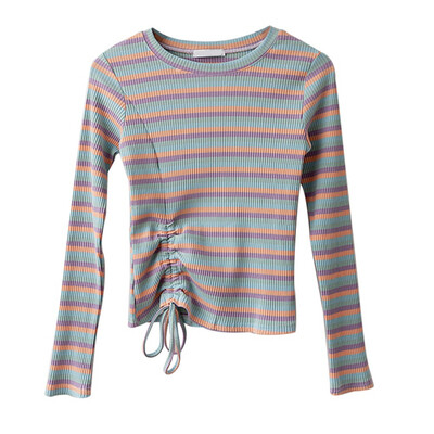 

2019 Autumn Female Sexy Drawstring T-shirt O Neck Rainbow Striped Long Sleeve Slim Lady Tshirt