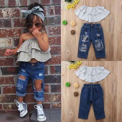

Fashion Toddler Kids Girls Off Shoulder Tops Jeans Denim Pants 2Pcs Outfits Set