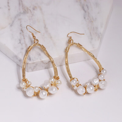 

AOEMAN women trendy simulated pearl statement dangle earrings vintage party jewelry accessories gold color metal drop earrings