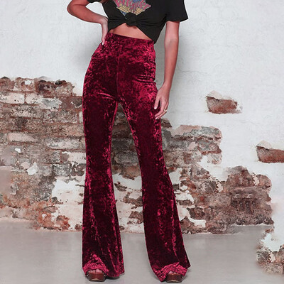 

Women Casual Solid Pleuche High Waist Wide Leg Pants Long Pants