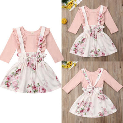 

Kids Baby Girls Casual Cotton Overalls Jumper Dress Long Sleeve TopMini Skirt