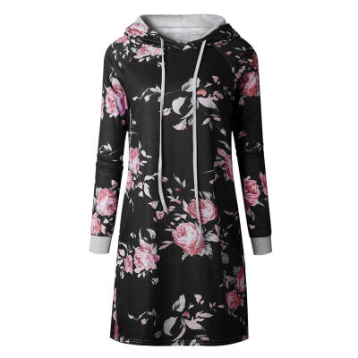 

Fashion Cute Floral Print Women Dress Drawstring Long Hoodies with Pockets