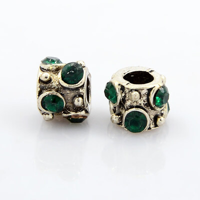 

Antique Silver Tone Alloy Emerald Rhinestone European Beads Large Hole Column Beads 10x8mm Hole 5mm