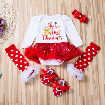 

US Newborn Baby Girls Xmas RomperShoesLeg WarmersHeadband Christmas Outfits
