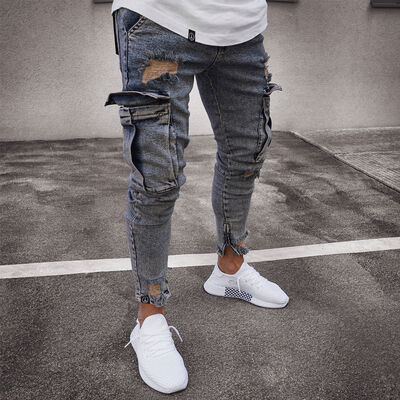 

Fashion Mens Ripped Skinny Jeans Destroyed Frayed Slim Fit Denim Pant Pocket