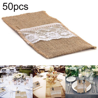 

50Pcs Hessian Burlap Lace Knives Forks Cutlery Pouch Bag Wedding Party Decor