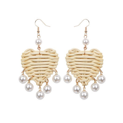 

Girls Heart Shape Rattan Woven Dangle Earrings Women Pearl Pendant Ear clip Pin Jewelry Gift