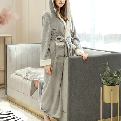 

Winter Thicker Warm Women Man Bathrobe Plus Long Couple Nightgown Flannel Plush Robes Ankle Length Nightwear Pajamas