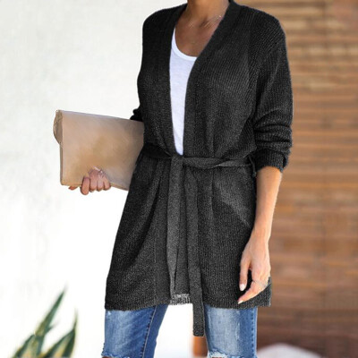 

Women Long Sleeve Knitted Sweater Loose Tie Up Solid Plus Size Cardigan Tops
