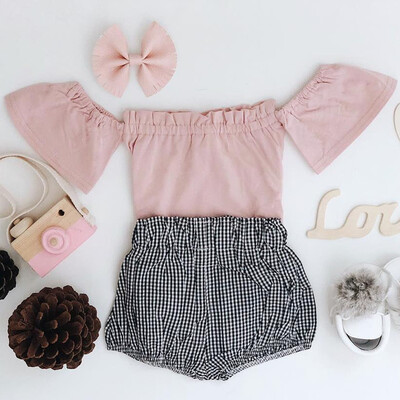 

Cute Baby Girl Off Shoulder Tops Plaid Shorts 2pcs Outfits Clothes Summer