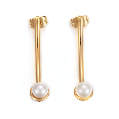 

304 Stainless Steel Stud Earrings with Plastic Imitation Pearl Golden White 33x7x11mm Pin 07mm