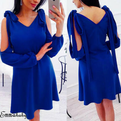 

Womens Bandage Cold Shoulder Mini Dress Ladies Party Summer Beach Short Sundress