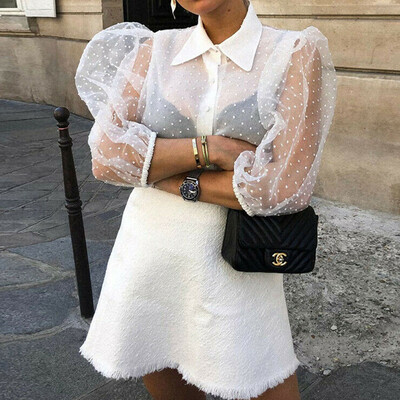 

Women Sheer Mesh Long Sleeve See Through Crop Top Tee Shirt Blouse Sexy