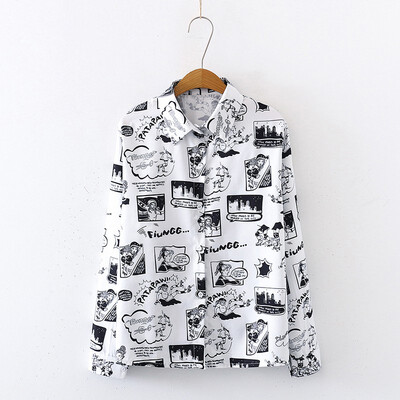 

Ins Hot Women Shirt Loose Personality Printed Long Sleeve Blouse Female White Orange Vintage Tops&Blouses