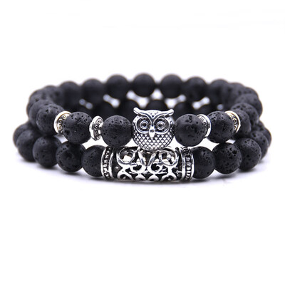 

18 Colors 2PcsSet Owl Lava Stone Bracelet Set Tiger Eye Stone Charm Bracelets Bangles